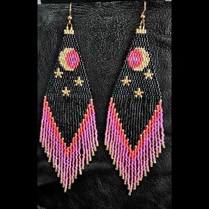 Handmade Beaded Fringe Moon & Stars Earrings